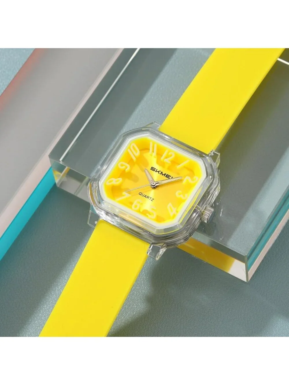 Women’s Yellow Big Arabic Numbers Silicone Strap Analog Square Wrist Watch